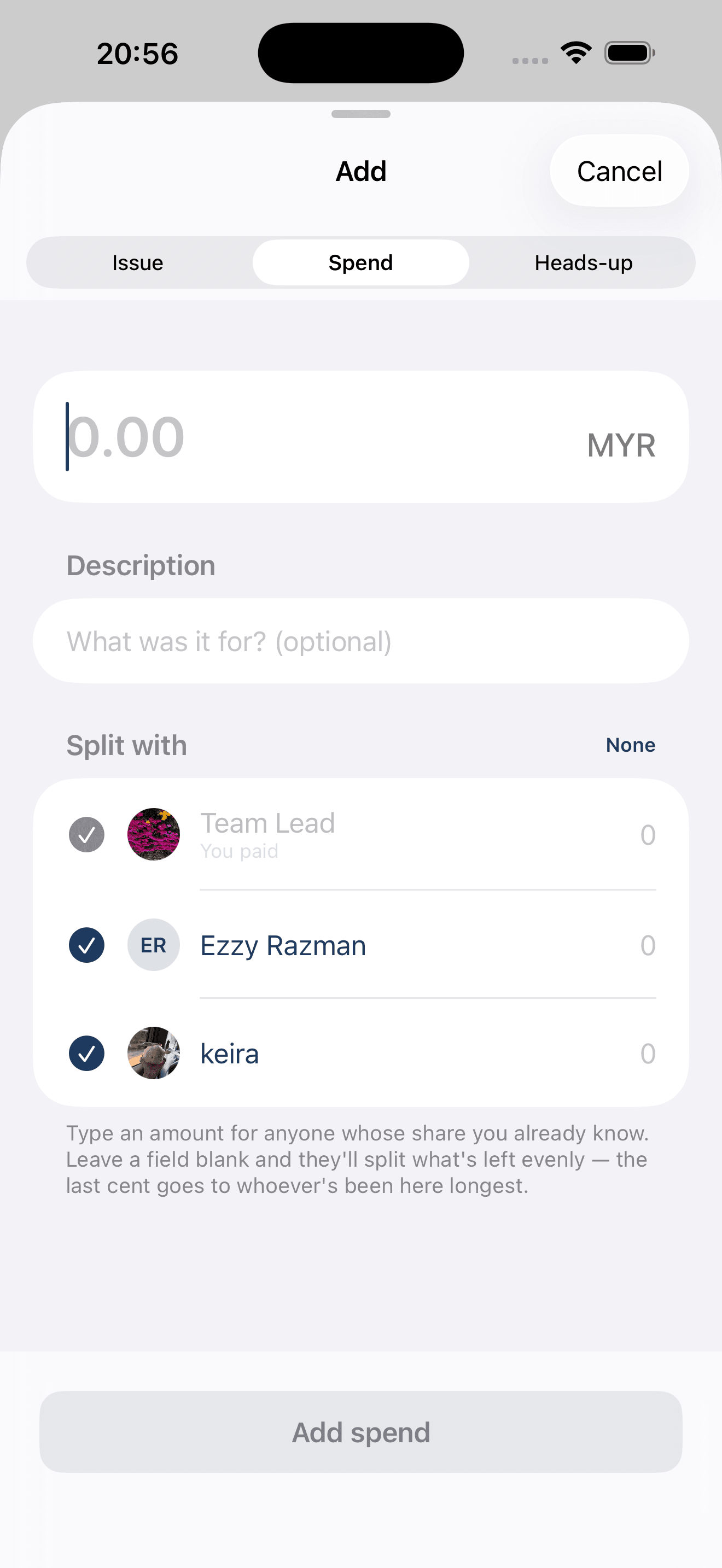 Adding a spend: an amount in MYR, a description, and a list of housemates each with their own editable share.